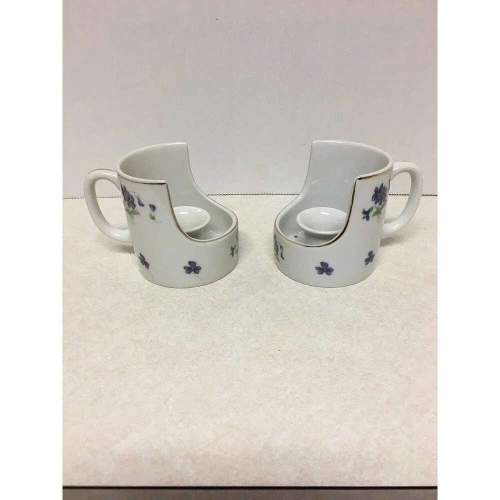 Vintage 2 Candle Holder Coffee Mug Design Purple Flowers Made In JAPAN PWF